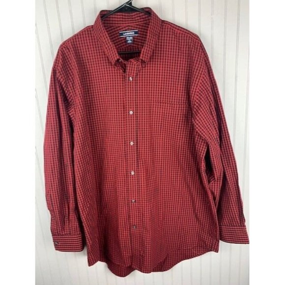 Lands End Size 17.5 34 Mens Long Sleeve Red Plaid Shirt Traditional Fit … - Picture 1 of 3